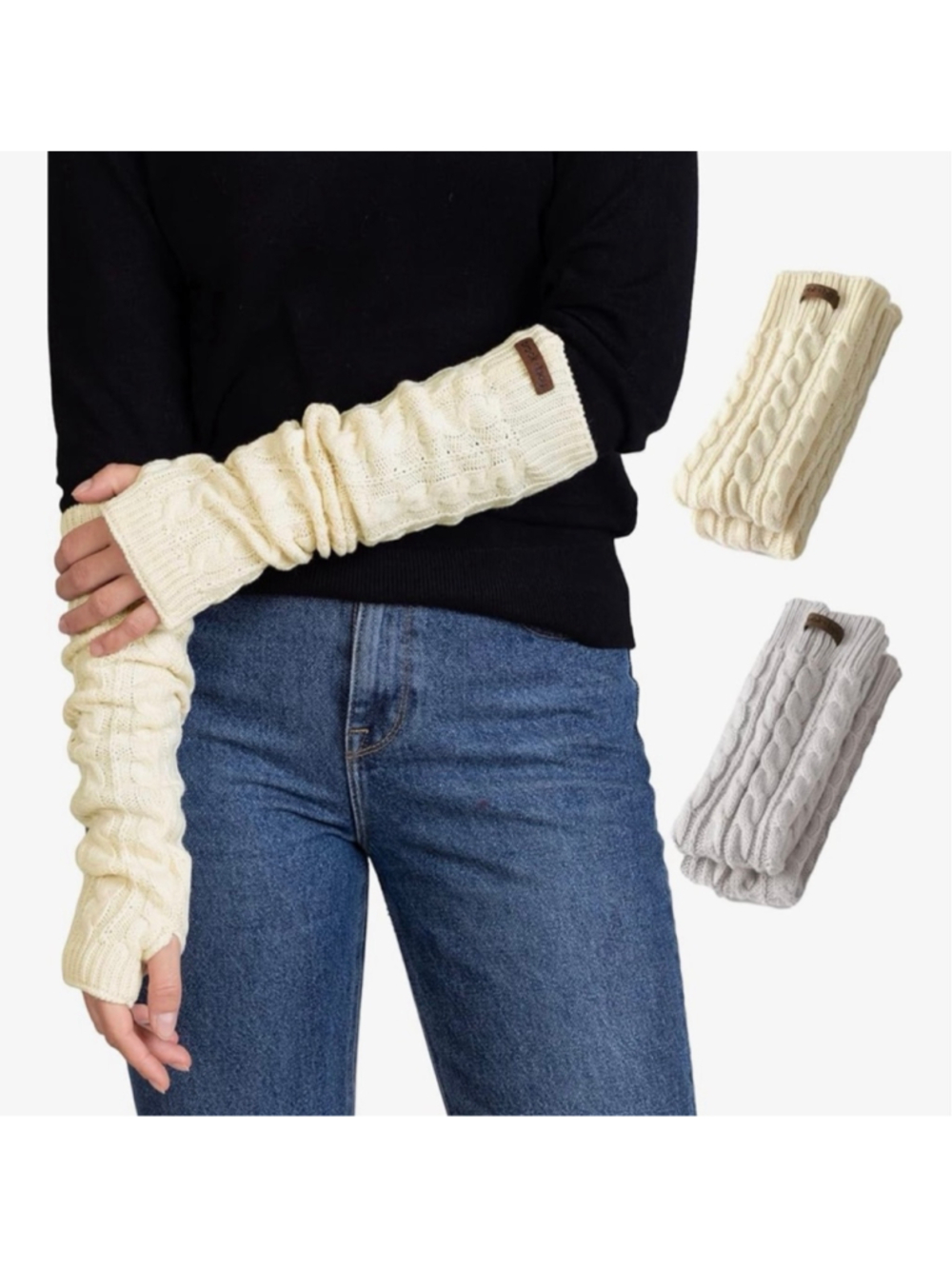 NEW Set of 2 Cable-Knit Arm Warmers Fingerless Long Knit Thumb Hole